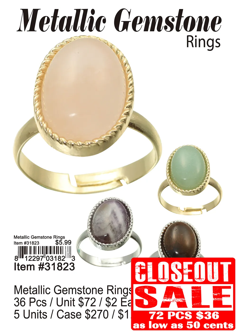 Metallic Gemstone Rings 72 Pcs. - Closeout